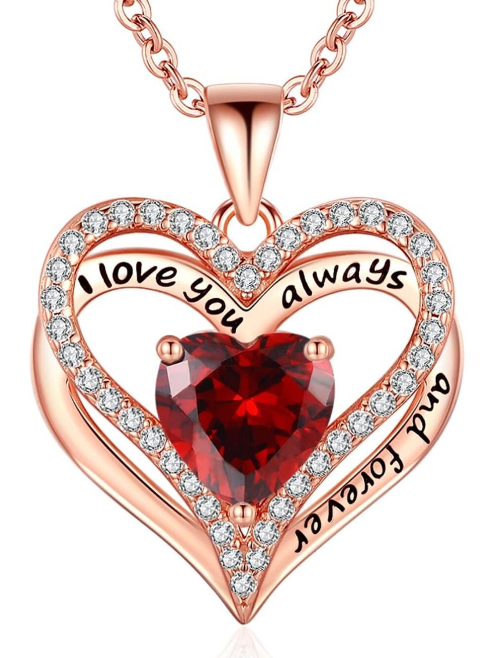 Elegant Rose Gold Heart Necklace with Birthstone and Engraved Love Message